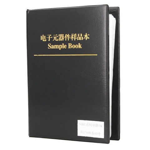 0402 SMD Resistor Assortment Kit One Percent Precision With Eight Thousand Five Hundred Pieces, black sample book cover.