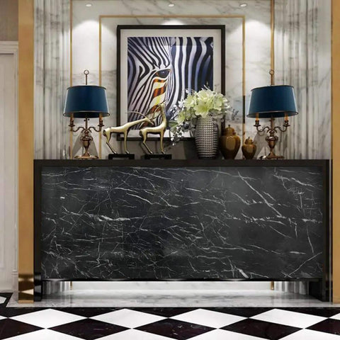 Black Marble Countertop Contact Paper Peel And Stick Vinyl Wrap on decorative console in elegant living room