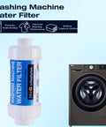 Inline Anti Scale Water Filter For Washing Machine And Home Water System beside washing machine, product label visible.