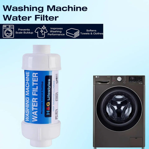 Inline Anti Scale Water Filter For Washing Machine And Home Water System beside washing machine, product label visible.
