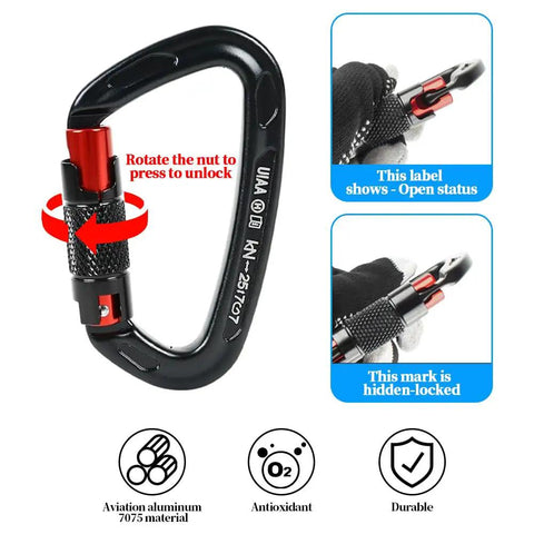 Aviation aluminum carabiner with locking mechanism, shown rotating to unlock. Durable design with labeled open and closed states.