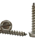 100 Piece Knockout Stainless Steel Sheet Metal Screws With A Hex Washer Head And Easy Turn Slot Drive For Wood Plastic And Fiberglass—close-up angle showcasing the rust-resistant screws.
