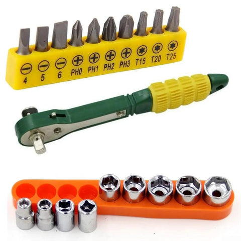 Solid Mini Ratchet Wrench Set With 1/4 Inch Drive and nine metric sockets on holder, ideal for quick auto repairs.