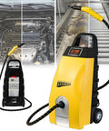 High Power Handheld Steam Cleaner With 6 Piece Accessory Set Delivers 180 Degrees C High Temp Pressure For Deep Cleaning Carpets Tile Grout Car Engines Patio Furniture And Restaurant Equipment Effortlessly Breaking Down Stubborn Grease Easily with yellow body and hose.
