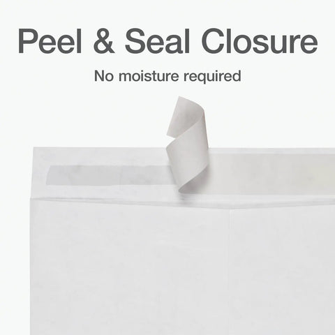 Self Sealing Tyvek Mailers Built Tough For Real Shipping Protection, Lightweight 14 Lb DuPont Material, Moisture And Tear Resistant 10x13 White Catalog Envelopes, 100 Pack, Perfect For Secure, Protective Shipments showing peel and seal closure