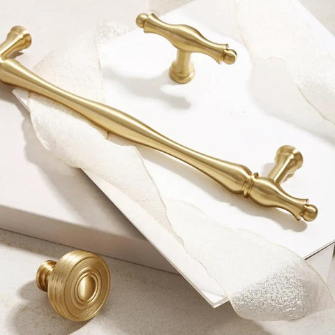 Dope Brass Drawer Handles Set For Kitchen Cabinets And Furniture, Gold Finish, 96 Mm Hole Spacing, French Inspired Modern Pulls