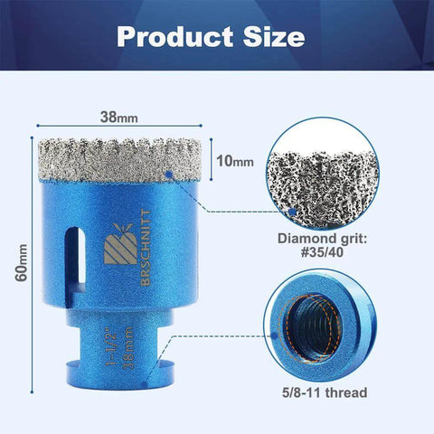 Blue Amazon vacuum-brazed diamond hole saw for porcelain tile, 1-1/2 in diameter, 5/8-11 thread.