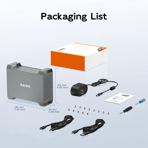 Packaging list for Dual Bay Sata 3.5 Inch Hard Drive Raid Enclosure With Active Cooling Fan And Usb 3.1 Type C Port.