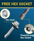 300 Heavy Duty Roofing Screws One Inch Galvanized Hex Head Drill Point Sheet Metal Fasteners With Epdm Rubber Washers showcasing hex head and magnetic socket.