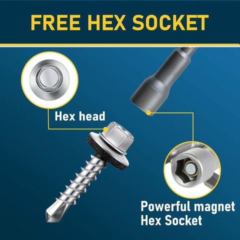300 Heavy Duty Roofing Screws One Inch Galvanized Hex Head Drill Point Sheet Metal Fasteners With Epdm Rubber Washers showcasing hex head and magnetic socket.