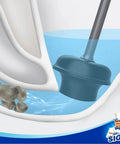 Heavy Duty Toilet Plunger With Holder Set For Quick Bathroom Cleanup in use, showing sturdy ergonomic handle submerged in toilet bowl