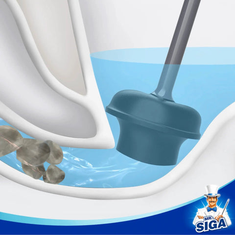 Heavy Duty Toilet Plunger With Holder Set For Quick Bathroom Cleanup in use, showing sturdy ergonomic handle submerged in toilet bowl