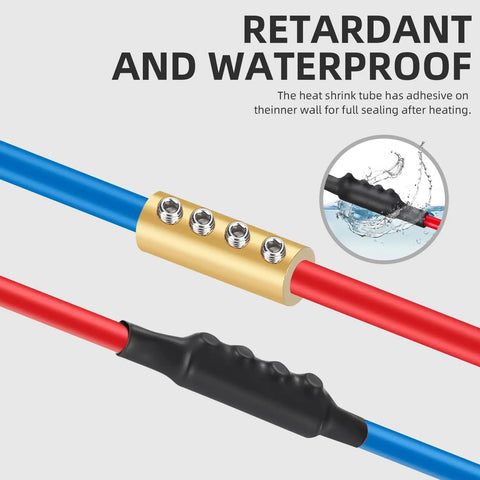 10 Pack 6-10 AWG Wire Connector Kit With 80 Amp Quick Wiring Terminals showing brass connector and heat shrink tubing in use