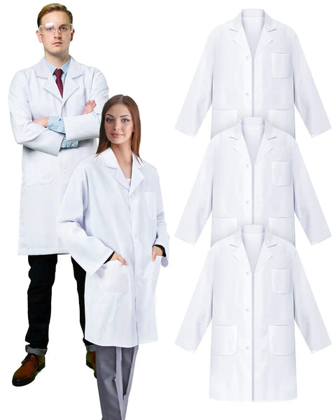 Three Piece Unisex Pro Lab Coat Set For Women And Men, Long White Medical Coat For Doctors and Students, Bulk Pack of 3, Size Medium