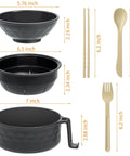 Ramen Cooker Microwave Bowl for Dorms and Offices, 3 In One Noodle Bowl With Drain Feature, BPA Free Black utensil set dimensions