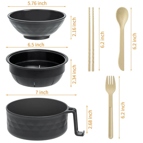 Ramen Cooker Microwave Bowl for Dorms and Offices, 3 In One Noodle Bowl With Drain Feature, BPA Free Black utensil set dimensions