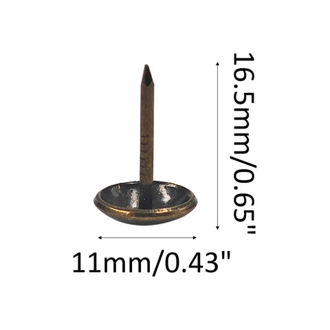 Top Shelf Pro Pack 11mm Round Head 17mm Pin Upholstery Tacks Bronze Decorative Furniture Nails Thumbtacks showing detailed dimensions.