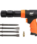 Long Barrel Air Hammer With Quick Change Chisel Retainer And 4 Piece Chisel Set, 3500 BPM Pneumatic Tool displayed with chisels