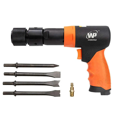 Long Barrel Air Hammer With Quick Change Chisel Retainer And 4 Piece Chisel Set, 3500 BPM Pneumatic Tool displayed with chisels