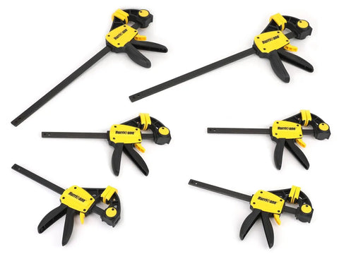 One Handed Bar Clamps Set, 6 Pack Quick Release With 6 Inch And 12 Inch Trigger Clamps For Woodworking, displayed flat