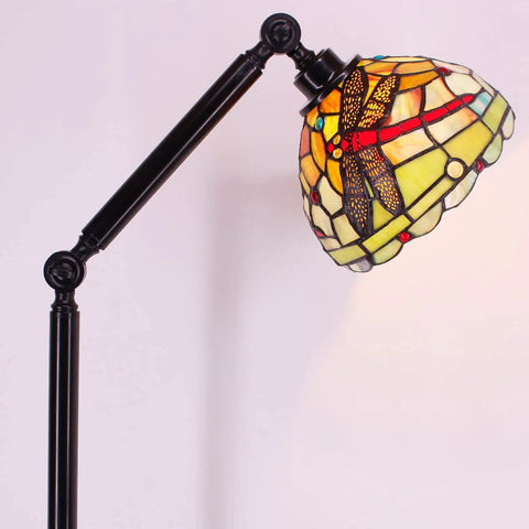 Tiffany Style Stained Glass Floor Lamp Dragonfly Vibe in Green and Red 72 Inch with Swivel Reading Arm showcasing dragonfly design