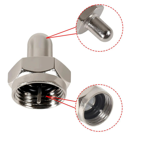 Close-up of 10 Pack 75 Ohm Coax Terminator Caps For Coaxial Cables, nickel-plated zinc alloy, highlighting protective cap detail.