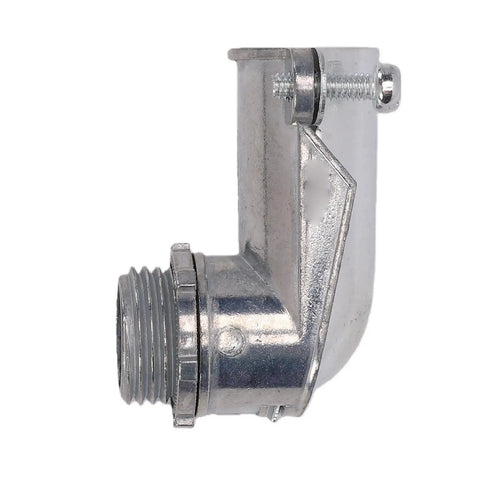The Real Deal 1/2 Flexible Metal Conduit 90 Degree Squeeze Elbow Connector Die Cast Zinc Alloy side view for electrical work.