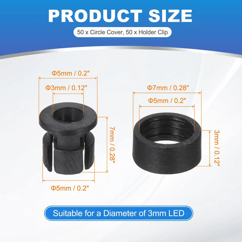 3mm LED Holder Kit Set with 50Pcs Plastic Clip Mount Bracket Circle Cover Bezel for 3mm LED, black ABS, 5mm hole