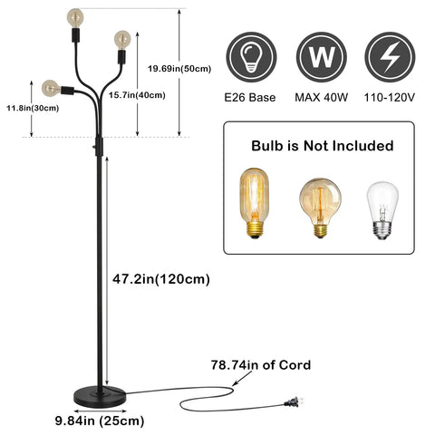 Diagram of Dimmable Industrial Floor Lamp with 3 Adjustable Gooseneck Arms showing dimensions and bulb types
