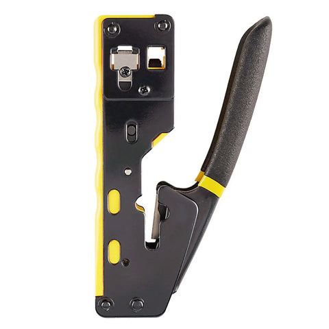 Pro Grade Pass Through Crimping Tool For RJ45 RJ12 RJ11 Connectors with Built In Pass Thru Blade, black and yellow, side view.