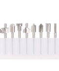 10 Piece High Speed Steel HSS Router Bits Set With 1 8th Inch Shank 3mm for rotary tools, displayed standing in a row