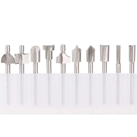 10 Piece High Speed Steel HSS Router Bits Set With 1 8th Inch Shank 3mm for rotary tools, displayed standing in a row
