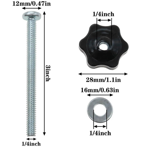 Dimensions of Eight Set T Track Knob Kit With Heavy Duty Galvanized Iron Screws And Black Hex Nuts Plus Galvanized Washers For Woodworking