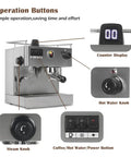 Operation buttons on the stainless steel electric cappuccino maker with counter display, steam, and hot water knobs.