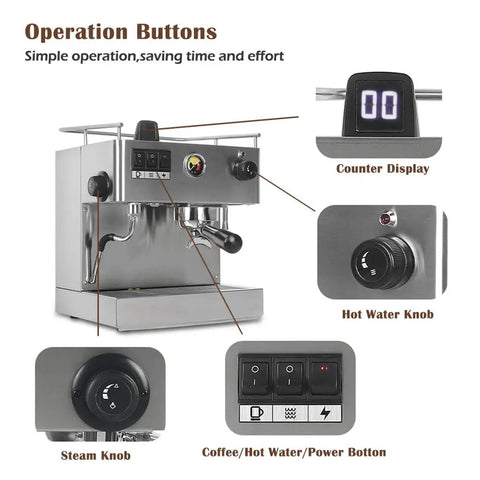 Operation buttons on the stainless steel electric cappuccino maker with counter display, steam, and hot water knobs.