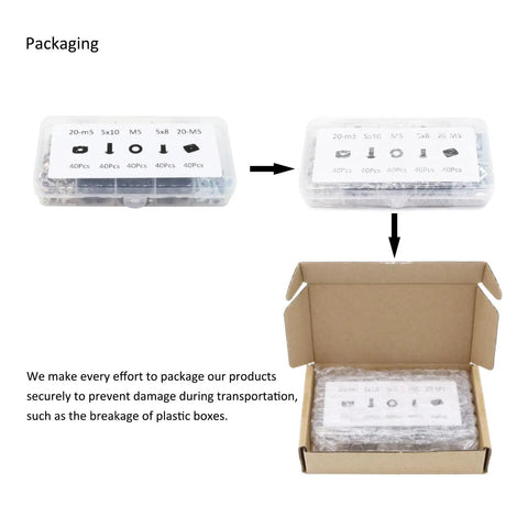 Packaging of 200 Piece 2020 Aluminum Extrusion Hardware Kit With M5 T Slot Nuts Bolts Screws in clear case and cardboard box