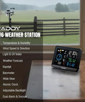 All-In-One Weather Station With 6-Inch VA Display And Outdoor Sensor showing various measurements on table near window view