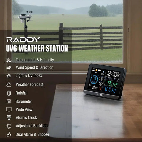 All-In-One Weather Station With 6-Inch VA Display And Outdoor Sensor showing various measurements on table near window view