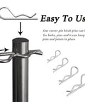 60 Pc Cotter Pin Hair Pin Kit With Zinc Plated R Clips For Hitch Pin Lock Systems shown securing a rod in automotive use.