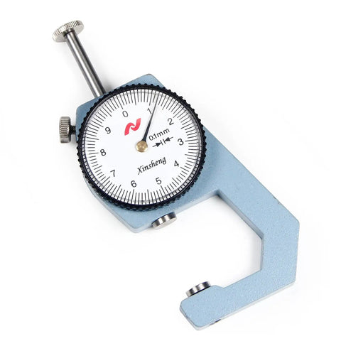 Thickness Gauge 0-20mm With Flat Tip Dial Indicator, 0.1mm Accuracy, Rugged Metal Build, White Dial With Clear Graduations, Handy For DIY Projects, Shop Work, And Metalworking Measurements. Flat-tip dial thickness gauge with blue metal frame and white dial