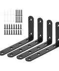 Rock Solid Heavy Duty Metal Shelf Brackets Set Of Eight Corner Braces With Strong Triangular Design To Hang Heavy Stuff Without Breaking A Sweat While Saving Precious Space At Home, featuring four black L-shaped brackets and screws.