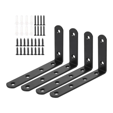 Rock Solid Heavy Duty Metal Shelf Brackets Set Of Eight Corner Braces With Strong Triangular Design To Hang Heavy Stuff Without Breaking A Sweat While Saving Precious Space At Home, featuring four black L-shaped brackets and screws.