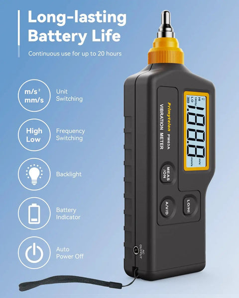 Pro Grade Handheld Vibration Meter Digital Tester Built Tough with display, buttons, and a strap for easy industrial use.