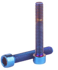 Slick Titanium Finish Stainless Steel Allen Hex Socket Head Screws M5 From M5x12 Up To M5x35mm Burnt Blue Bolt Set, angled view showcasing threads.