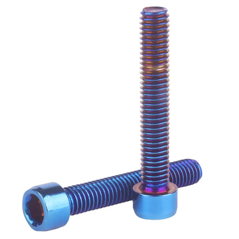 Slick Titanium Finish Stainless Steel Allen Hex Socket Head Screws M5 From M5x12 Up To M5x35mm Burnt Blue Bolt Set, angled view showcasing threads.
