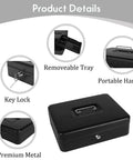 Heavy Duty Metal Cash Box With Lock And Five Compartment Coin Tray, Built To Last Lockbox For Cash, Checks, Passports And Jewelry, 9.84 By 7.87 By 3.54 Inches, Black with detailed product features such as key lock, removable tray, and portable handle.