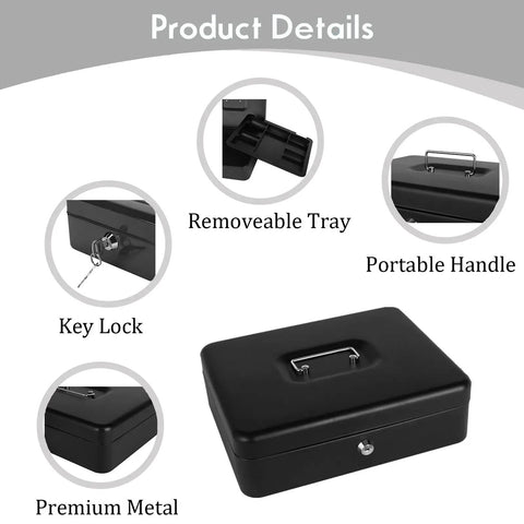 Heavy Duty Metal Cash Box With Lock And Five Compartment Coin Tray, Built To Last Lockbox For Cash, Checks, Passports And Jewelry, 9.84 By 7.87 By 3.54 Inches, Black with detailed product features such as key lock, removable tray, and portable handle.