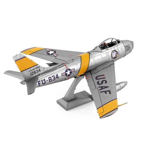F86 Sabre Aircraft 3D Metal Model Kit Bundle with Tweezers Unassembled Hobby Model Kit in silver and yellow on display stand
