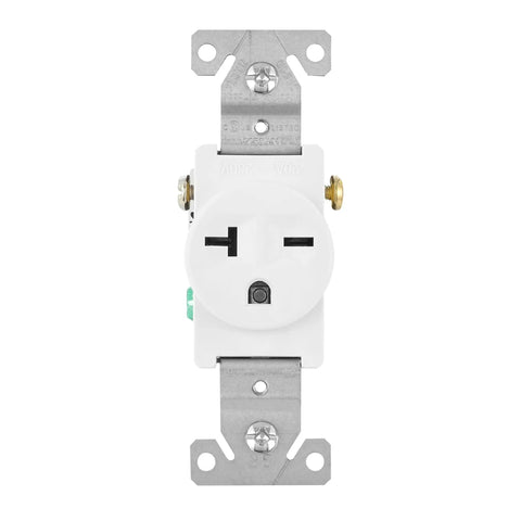 20 Amp Tamper Resistant NEMA 6-20 Wall Receptacle Beefy Commercial Grade Single Outlet front view with mounting hardware