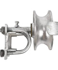 Side view of heavy duty chain link sliding gate roller with 5 inch wheel, galvanized steel hardware for 2-inch frames and 1-5/8 inch track.